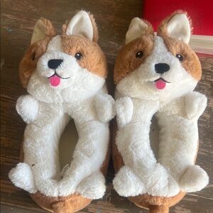 Cozy Corgi Plush Slippers - Brown and White